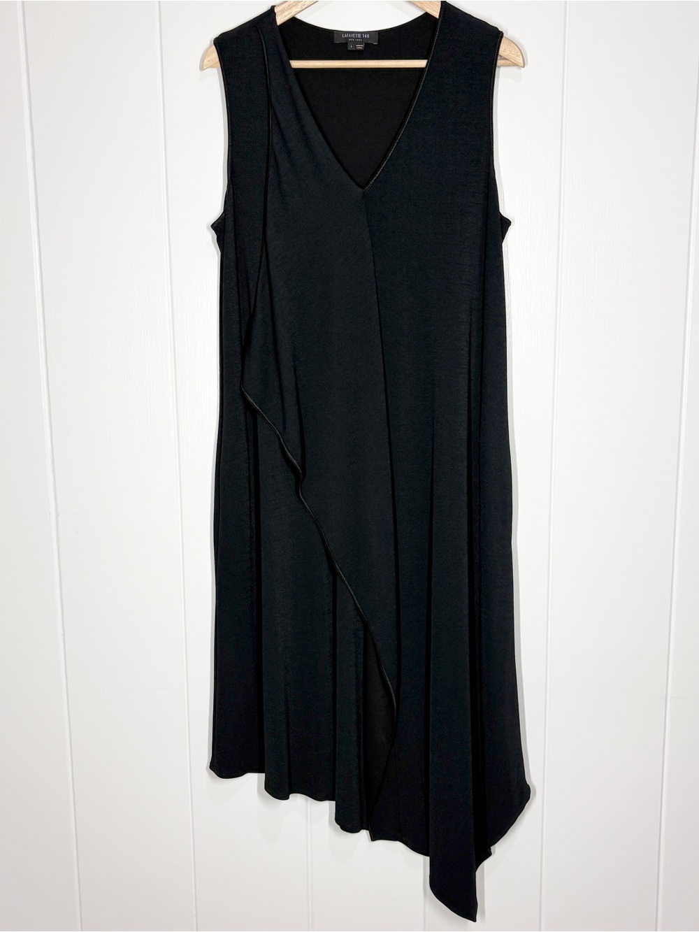 Lafayette 148 Draped Handkerchief Asymmetric Midi Dress Size Large Black Relaxed